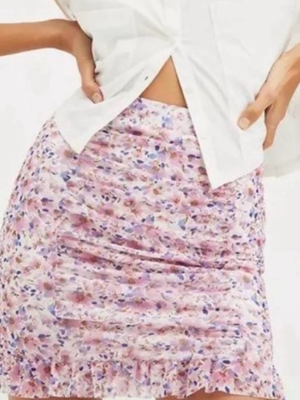 Free People Pink Lilac Floral Romi Ruched Mini Skirt Lined NWT Size XL